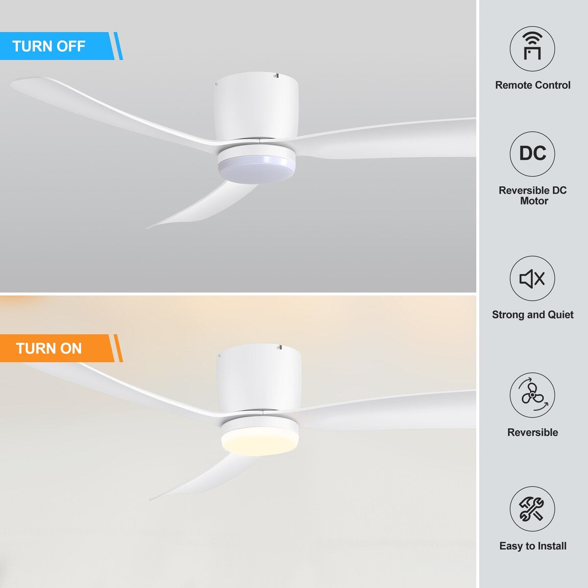 Ventilateur de plafond LED à montage encastré de 52 pouces noir/blanc avec télécommande (3 pales)