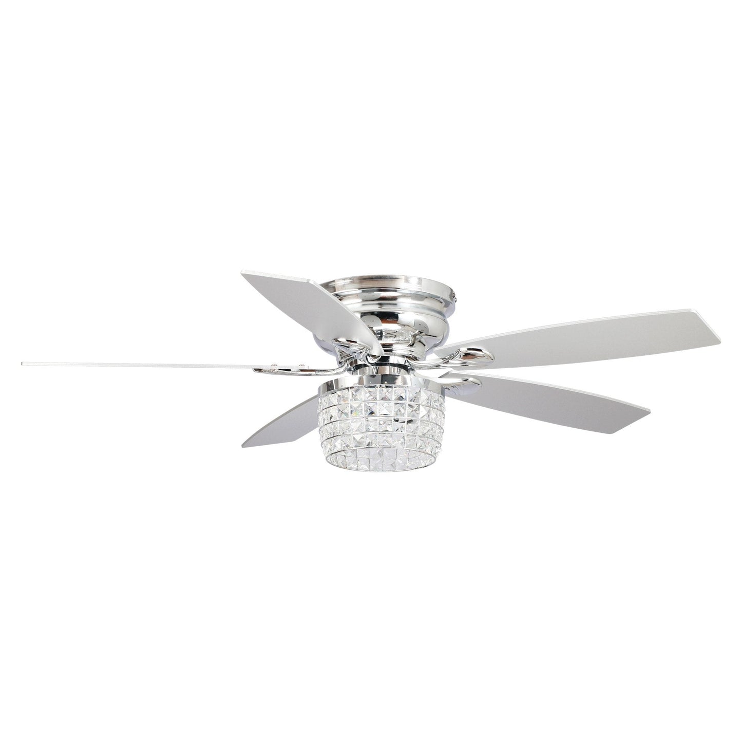 Ventilateur de plafond à 52 pales, finition chrome, avec kit d'éclairage et télécommande.