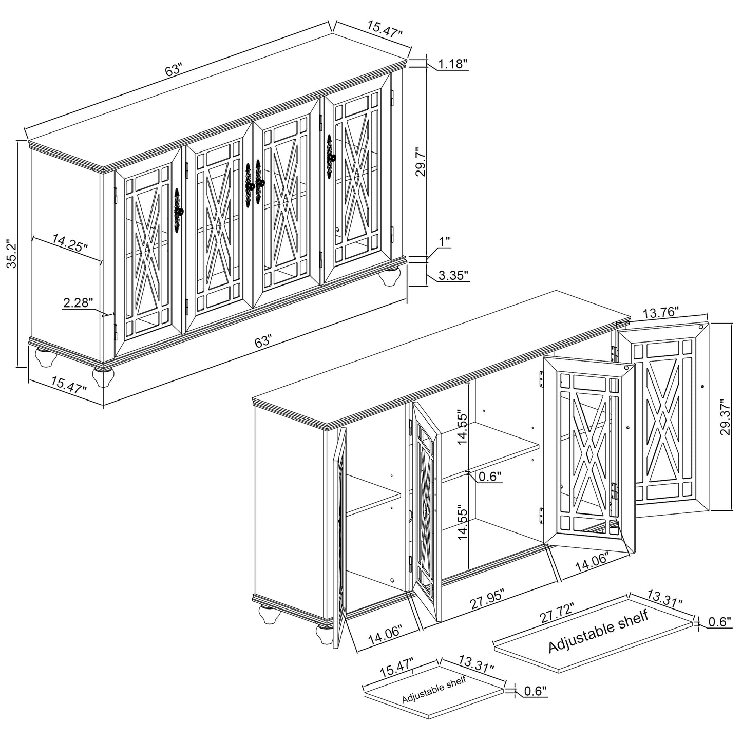 Buffet de cuisine de style vintage en bois, 63 pouces de largeur.