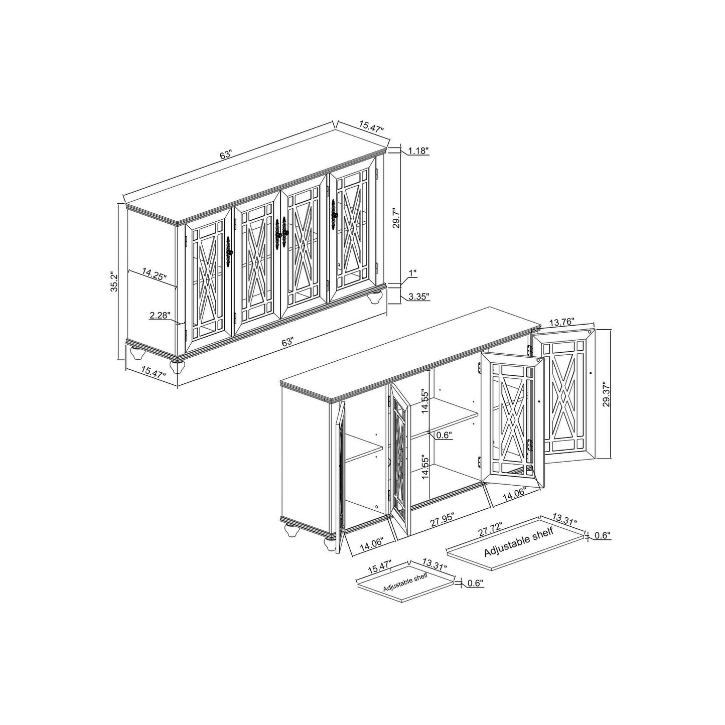 Buffet de cuisine de style vintage en bois, 63 pouces de largeur.