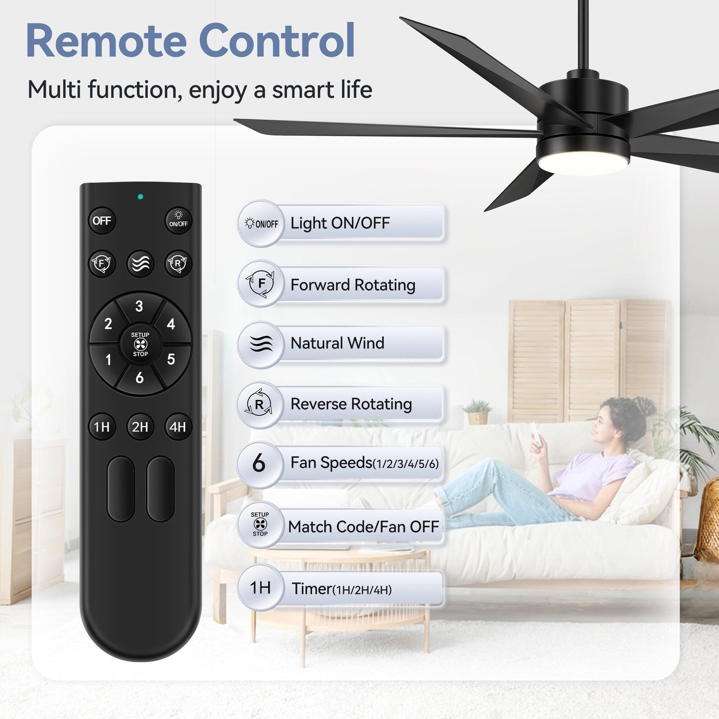 Ventilateur de plafond Breezary à 5 pales LED 65/52/42 avec kit d'éclairage et télécommande