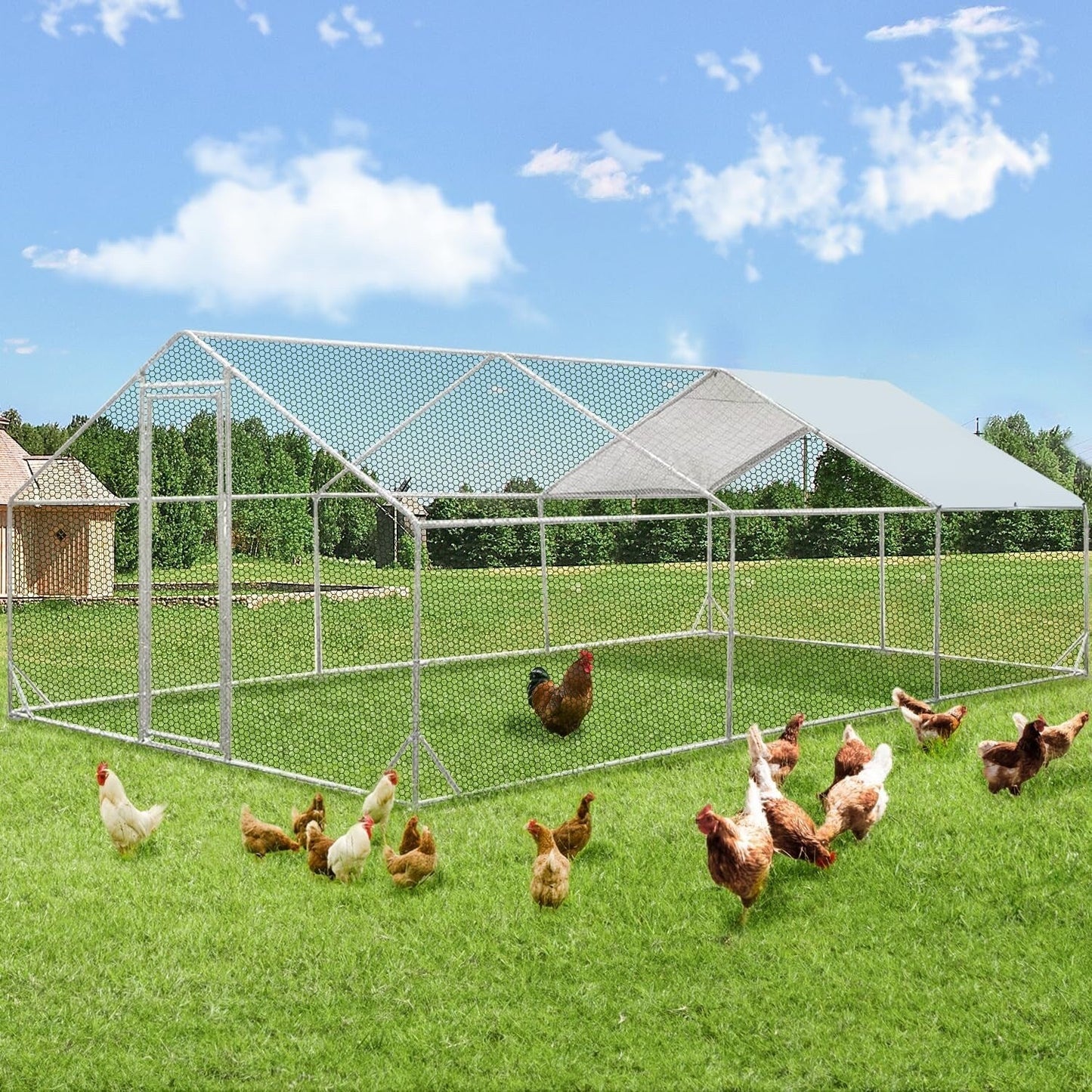 AECOJOY Grand poulailler métallique, enclos à poules métallique, cage à poules métallique à accès facile