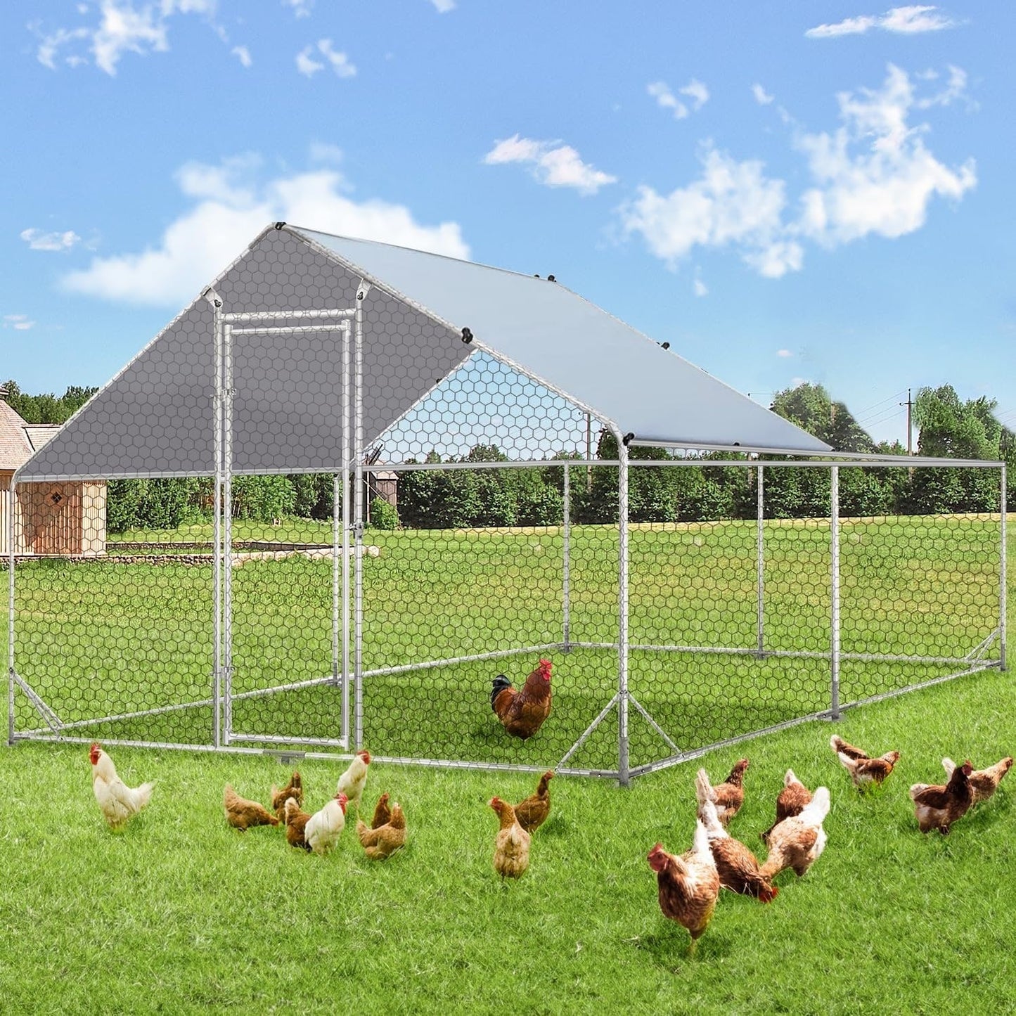AECOJOY Grand poulailler métallique, enclos à poules métallique, cage à poules métallique à accès facile