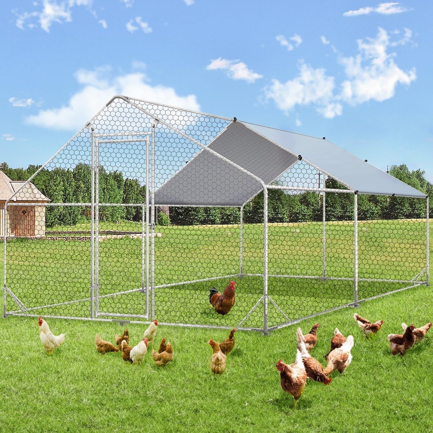 AECOJOY Grand poulailler métallique, enclos à poules métallique, cage à poules métallique à accès facile