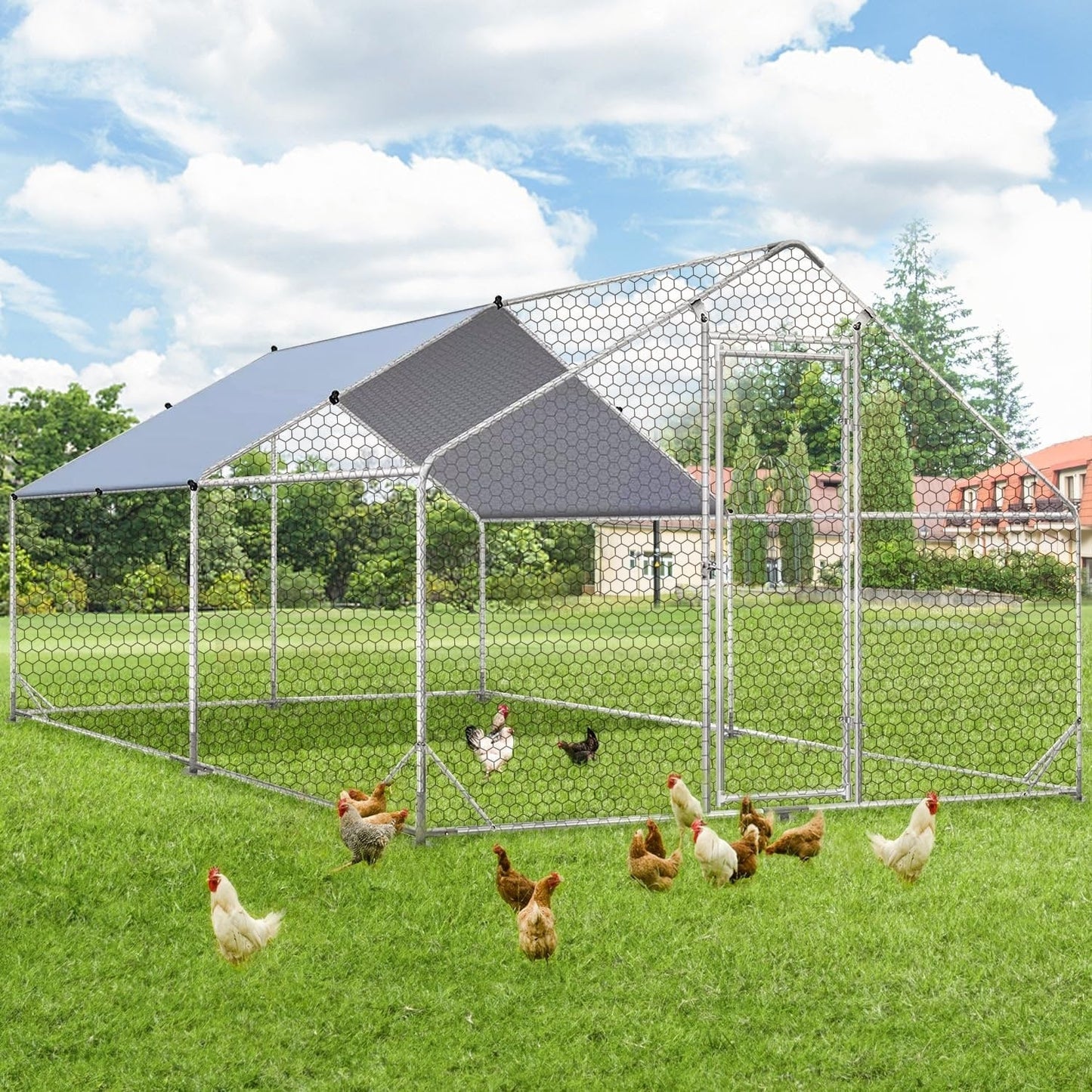 AECOJOY Grand poulailler métallique, enclos à poules métallique, cage à poules métallique à accès facile