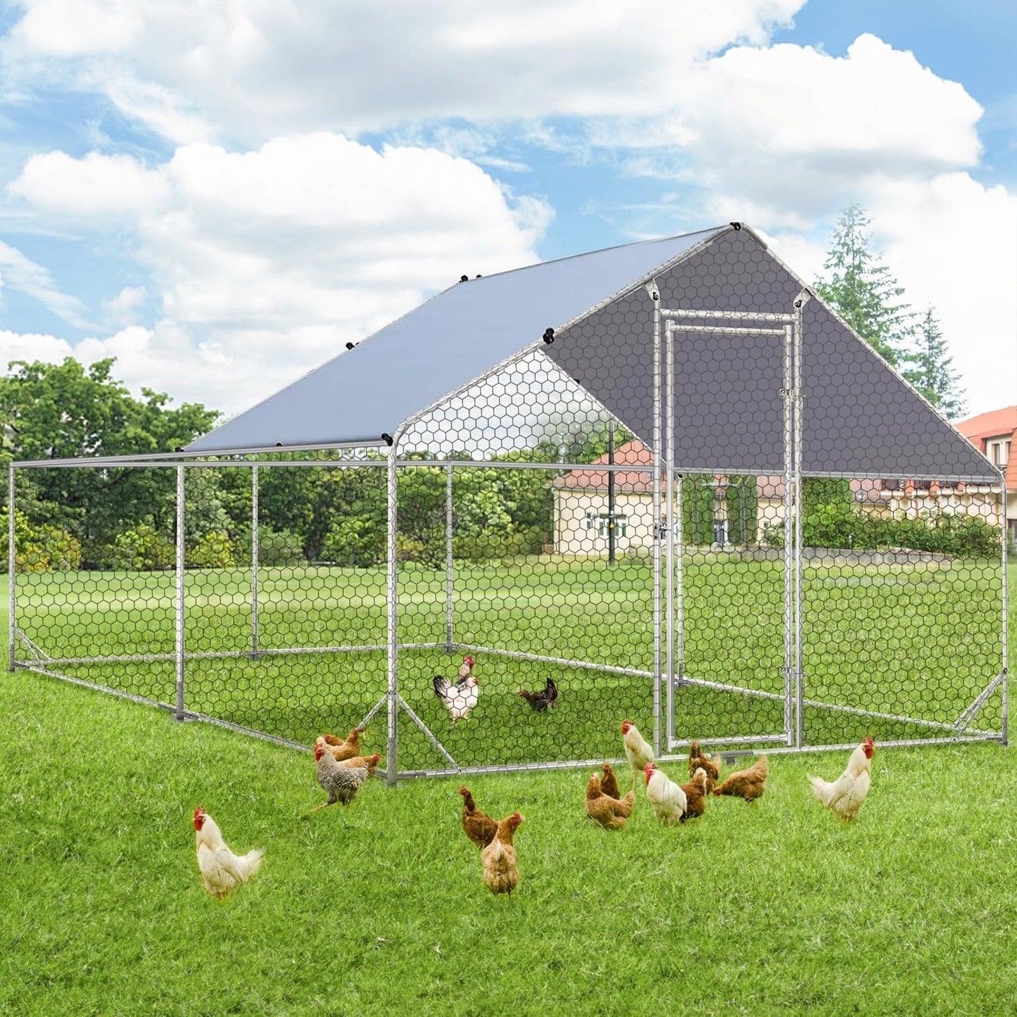 AECOJOY Grand poulailler métallique, enclos à poules métallique, cage à poules métallique à accès facile