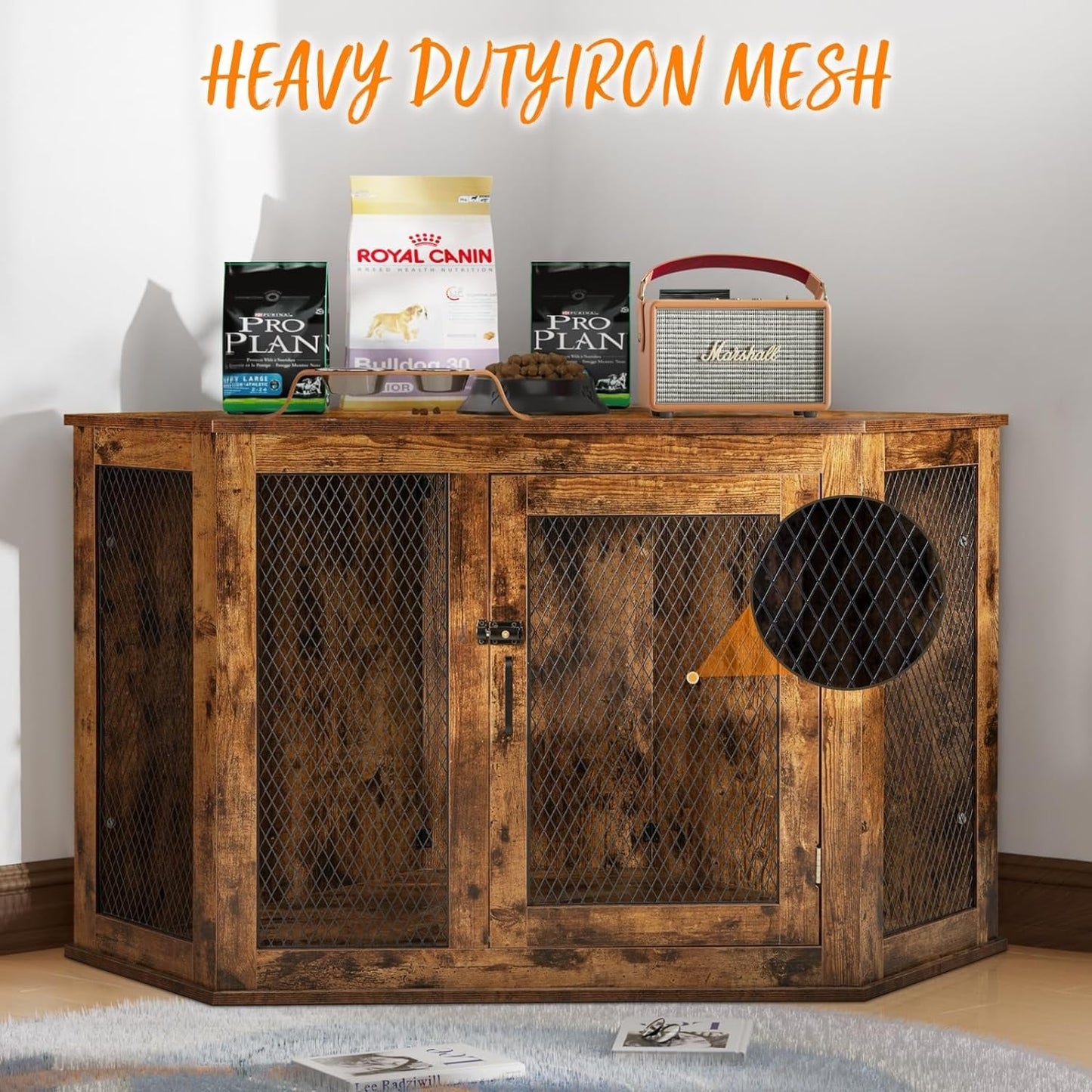 BOSSIN Meuble-côte pour chien d'angle, 112/132 cm (44/52 pouces) en bois avec grillage, cabane à chien décorative en bois pour usage intérieur.