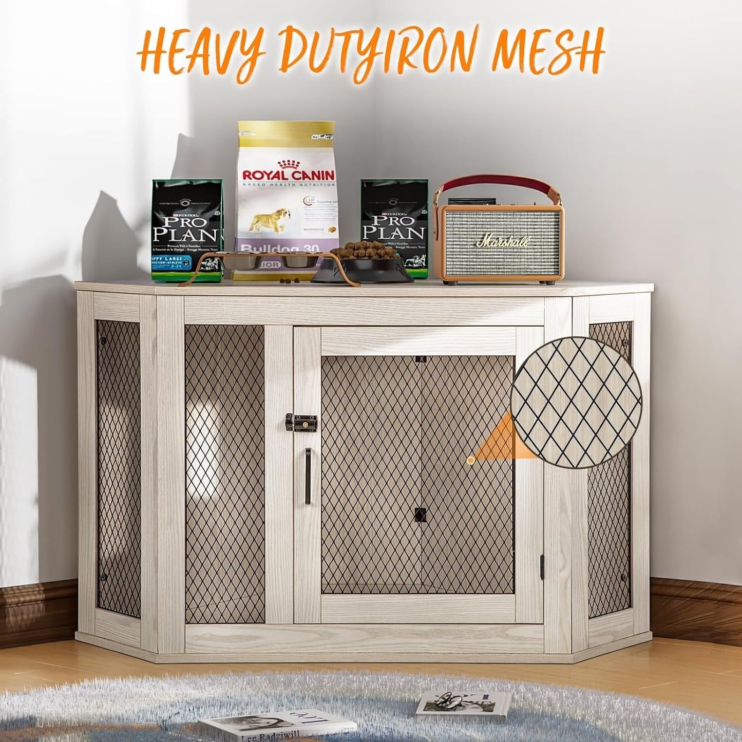 BOSSIN Meuble-côte pour chien d'angle, 112/132 cm (44/52 pouces) en bois avec grillage, cabane à chien décorative en bois pour usage intérieur.