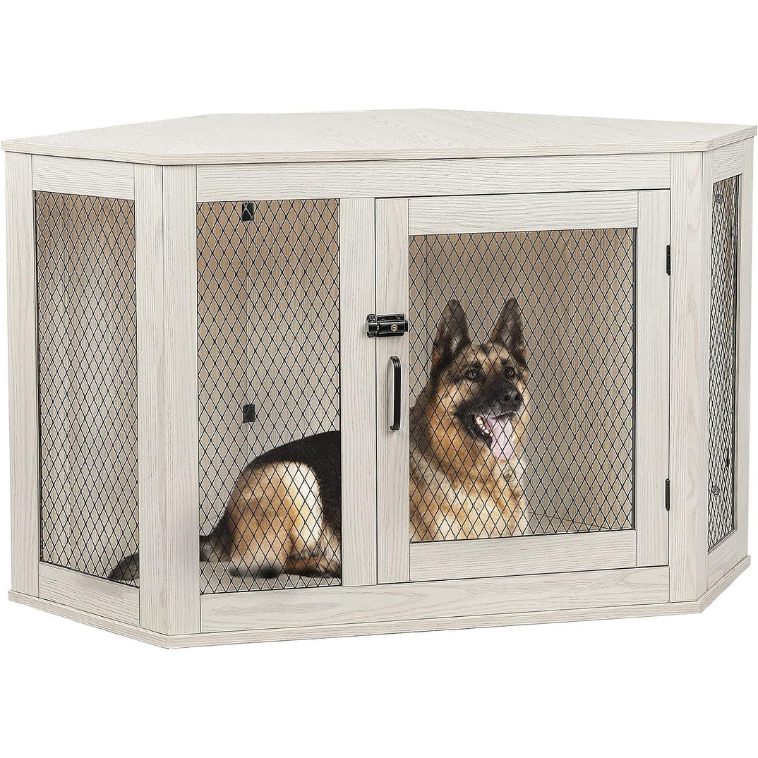 BOSSIN Meuble-côte pour chien d'angle, 112/132 cm (44/52 pouces) en bois avec grillage, cabane à chien décorative en bois pour usage intérieur.