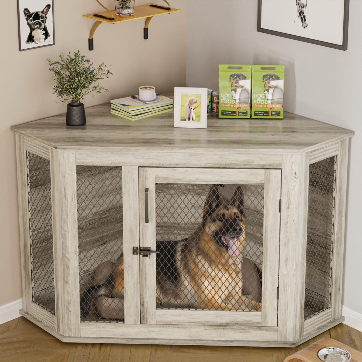 BOSSIN Meuble-côte pour chien d'angle, 112/132 cm (44/52 pouces) en bois avec grillage, cabane à chien décorative en bois pour usage intérieur.