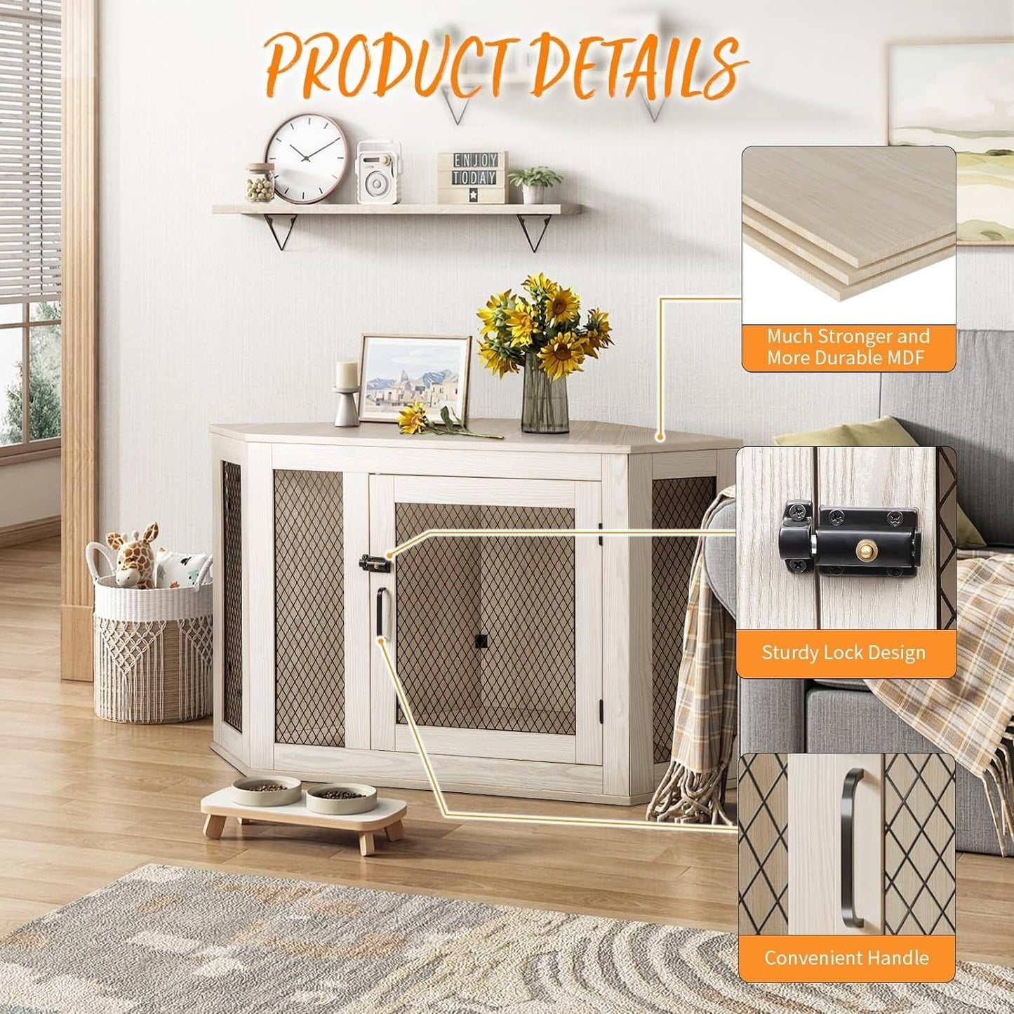 BOSSIN Meuble-côte pour chien d'angle, 112/132 cm (44/52 pouces) en bois avec grillage, cabane à chien décorative en bois pour usage intérieur.