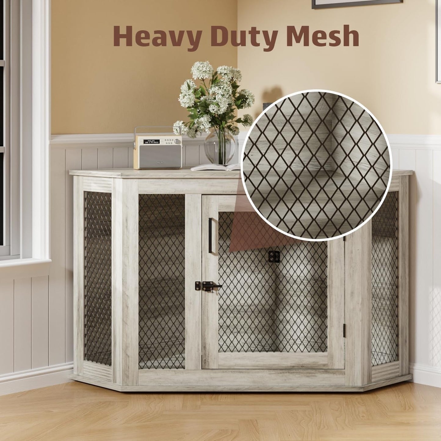 BOSSIN Meuble-côte pour chien d'angle, 112/132 cm (44/52 pouces) en bois avec grillage, cabane à chien décorative en bois pour usage intérieur.