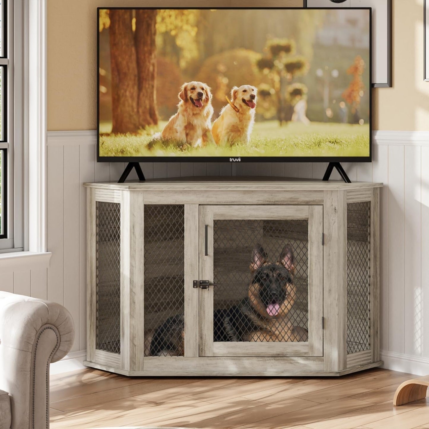 BOSSIN Meuble-côte pour chien d'angle, 112/132 cm (44/52 pouces) en bois avec grillage, cabane à chien décorative en bois pour usage intérieur.
