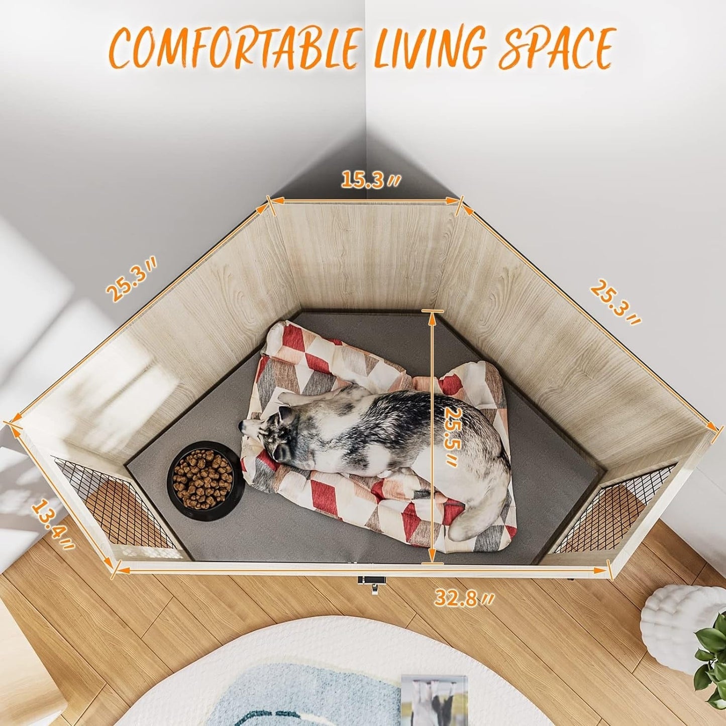 BOSSIN Meuble-côte pour chien d'angle, 112/132 cm (44/52 pouces) en bois avec grillage, cabane à chien décorative en bois pour usage intérieur.