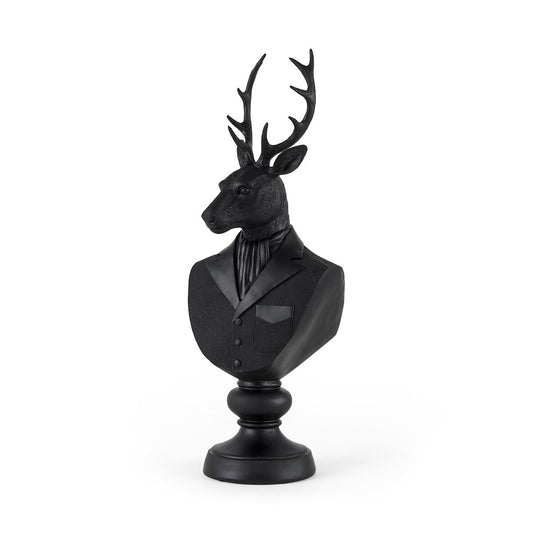 Buste de cerf en résine noire, vêtu d'un costume - 15,2 cm L x 20,3 cm P x 58,4 cm H