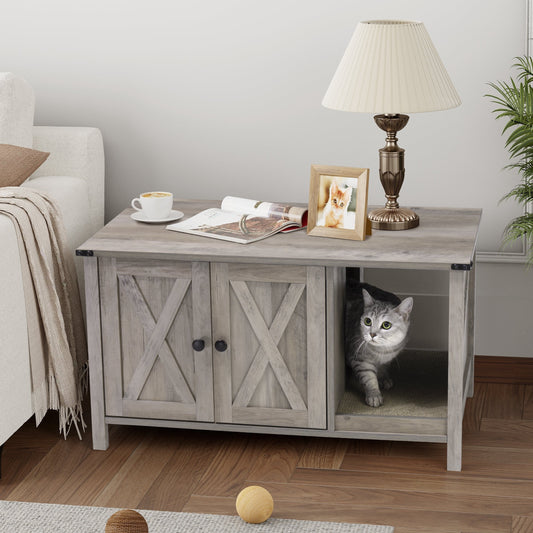Abri pour litière de chat, meuble de toilettes pour chat en bois dissimulé avec arbre à gratter.