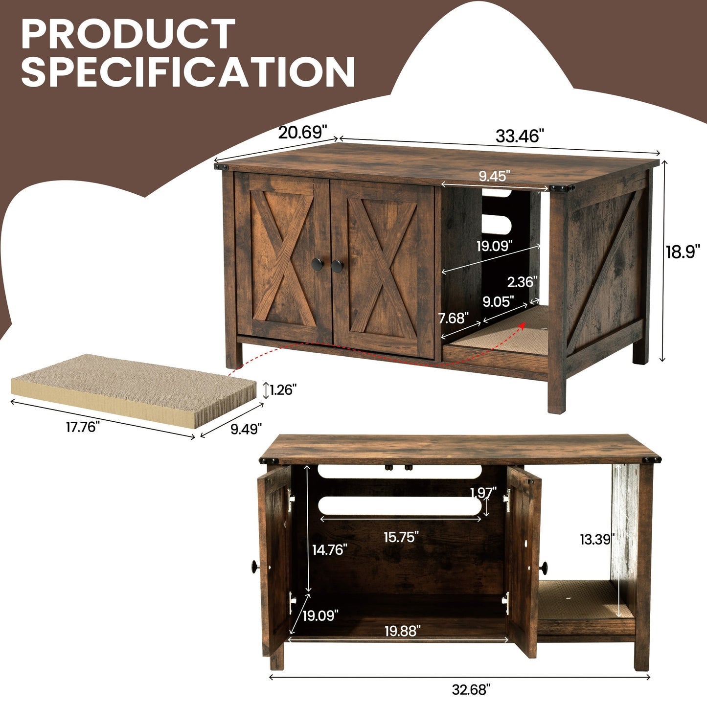 Abri pour litière de chat, meuble de toilettes pour chat en bois dissimulé avec arbre à gratter.