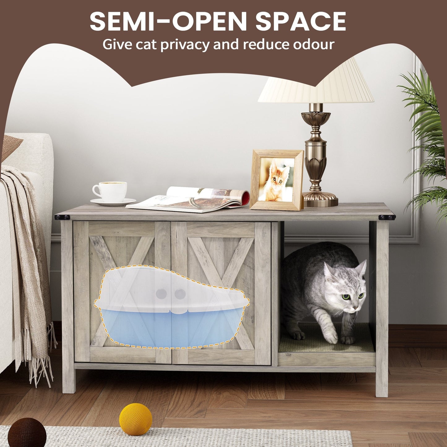 Abri pour litière de chat, meuble de toilettes pour chat en bois dissimulé avec arbre à gratter.
