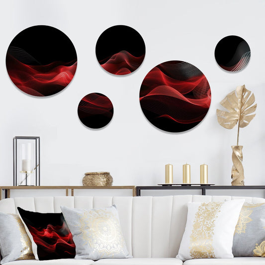 Designart Abstraction Contemplative IX Rouge Noir, Ondes Modernes, Ensemble de 5 Oeuvres Murales Rondes en Métal
