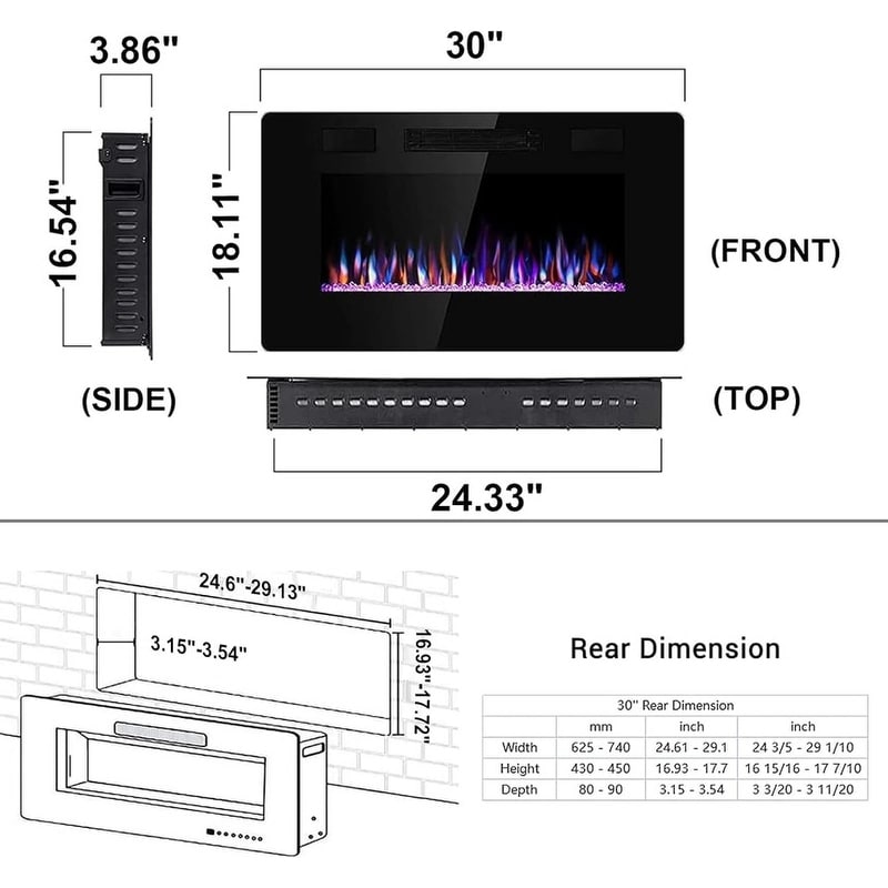 Chauffage électrique de cheminée encastrable mural avec télécommande (750-1500W)