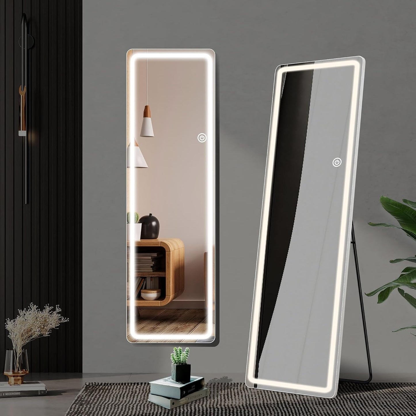 Grand miroir de sol avec éclairage LED, miroir pleine longueur 64 x 21 pouces avec support, miroir mural suspendu, miroir corporel entier.