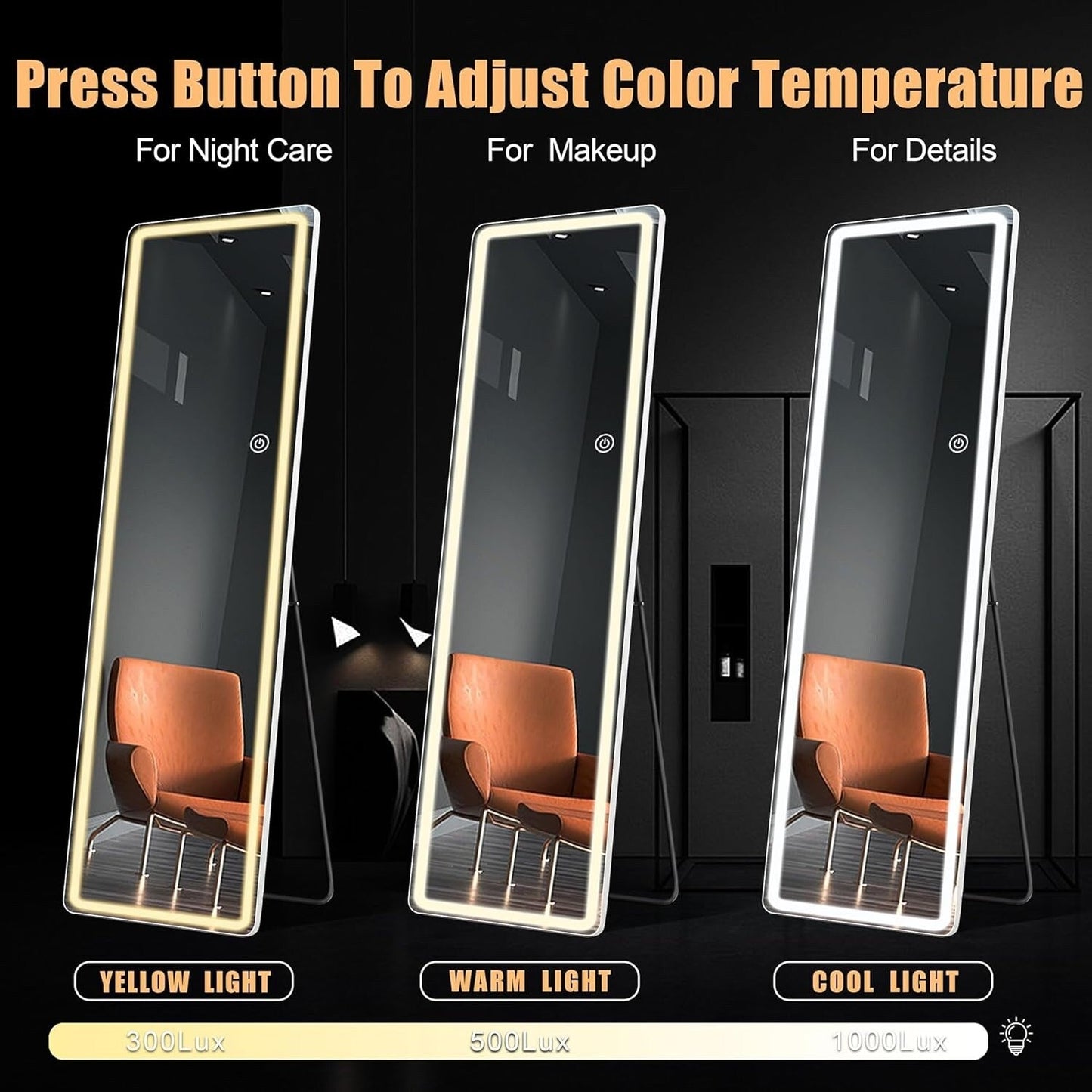 Grand miroir de sol avec éclairage LED, miroir pleine longueur 64 x 21 pouces avec support, miroir mural suspendu, miroir corporel entier.