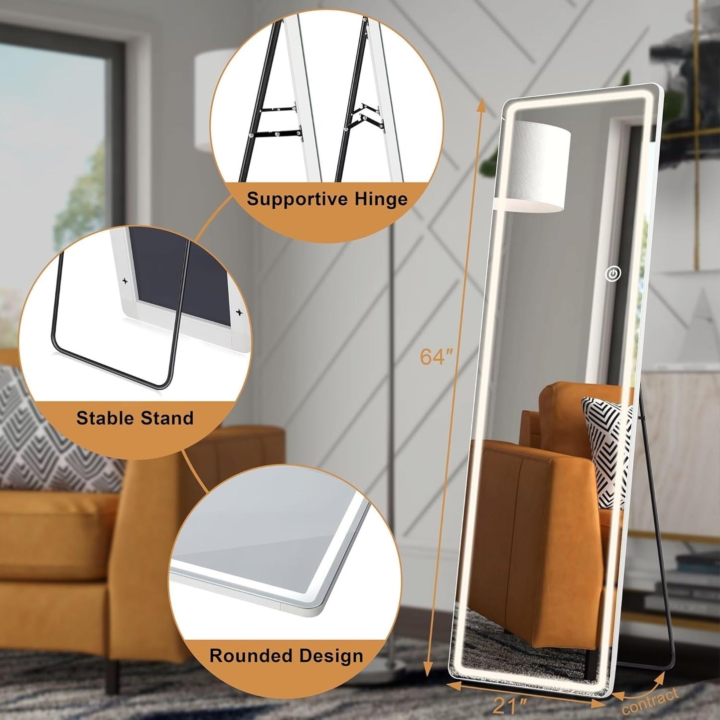 Grand miroir de sol avec éclairage LED, miroir pleine longueur 64 x 21 pouces avec support, miroir mural suspendu, miroir corporel entier.