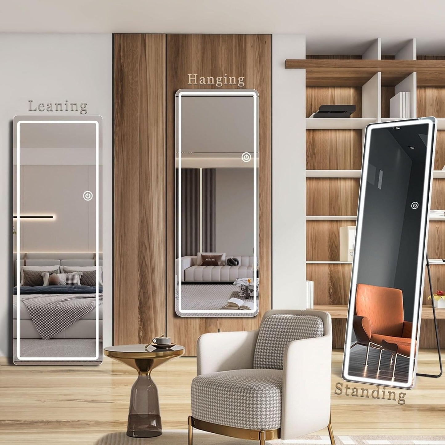 Grand miroir de sol avec éclairage LED, miroir pleine longueur 64 x 21 pouces avec support, miroir mural suspendu, miroir corporel entier.
