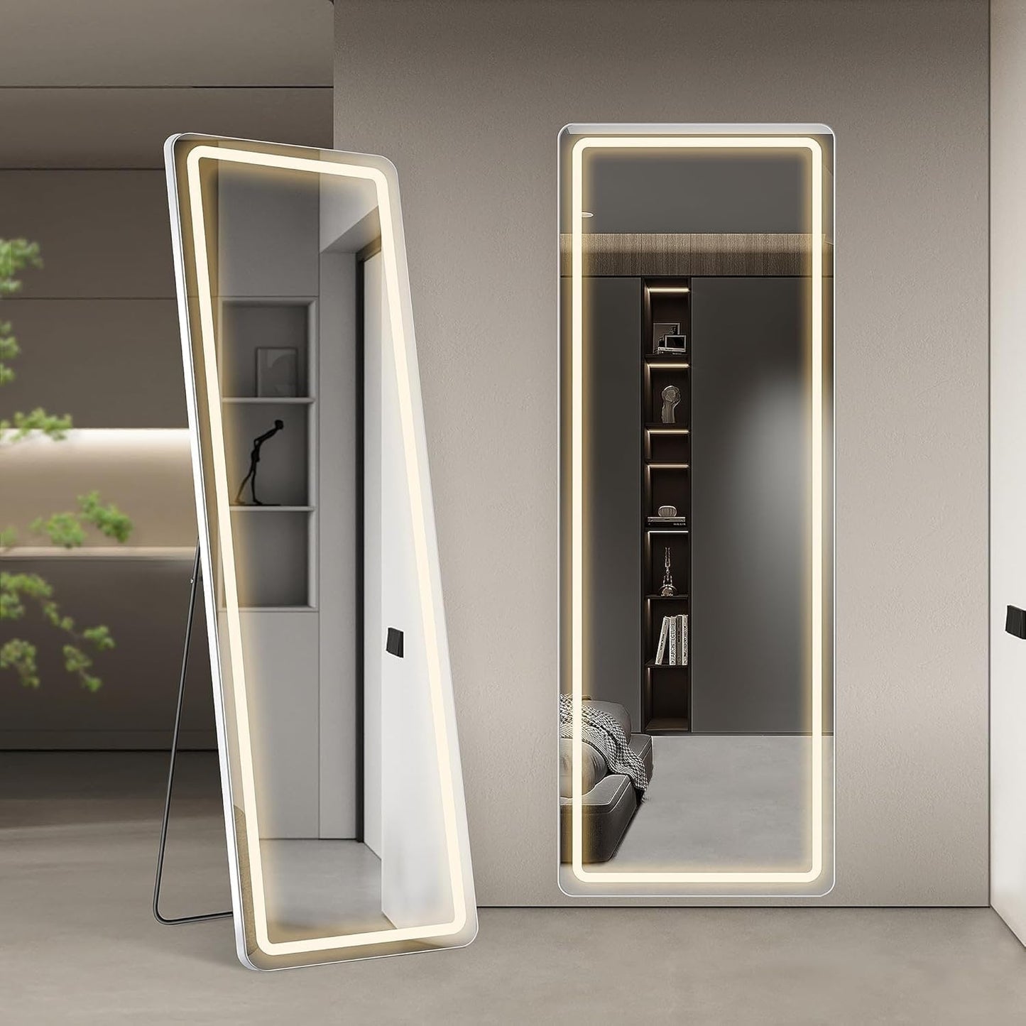 Grand miroir de sol avec éclairage LED, miroir pleine longueur 64 x 21 pouces avec support, miroir mural suspendu, miroir corporel entier.