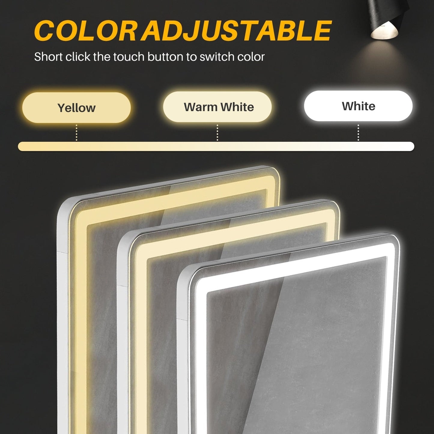 Grand miroir de sol avec éclairage LED, miroir pleine longueur 64 x 21 pouces avec support, miroir mural suspendu, miroir corporel entier.