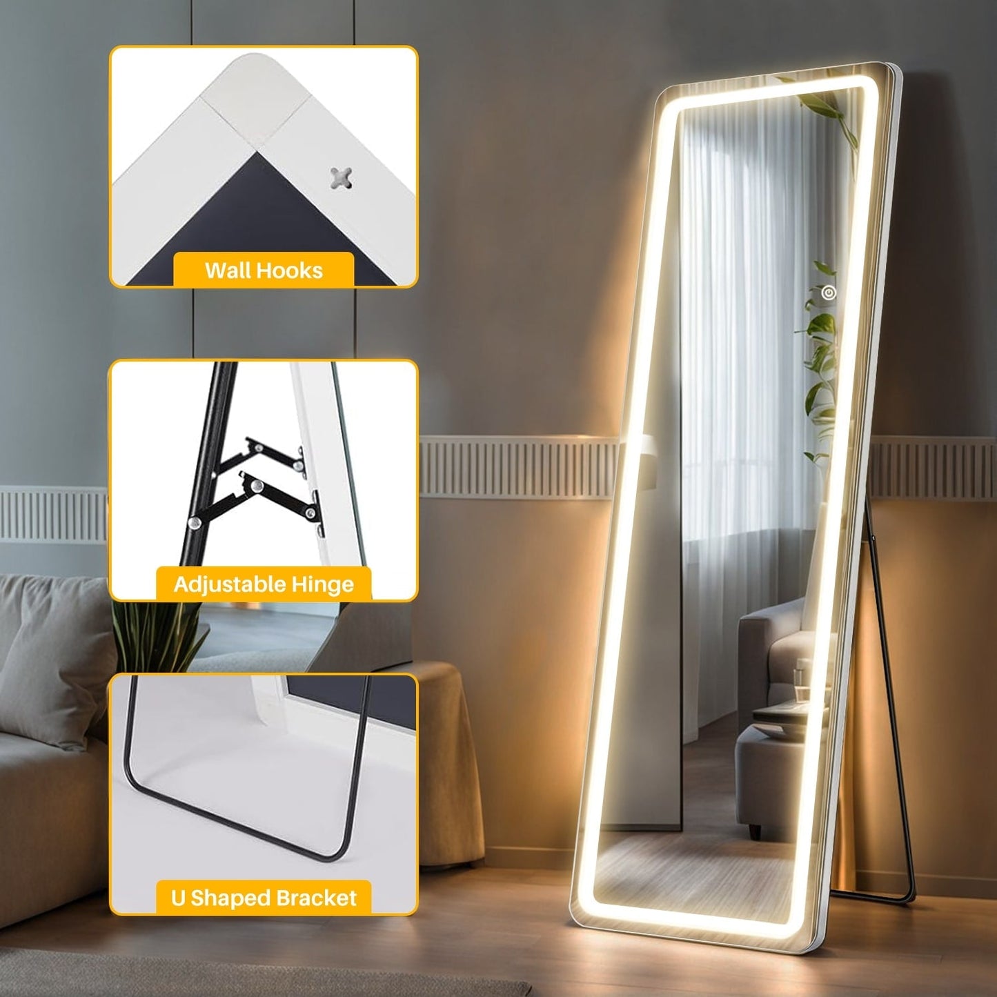 Grand miroir de sol avec éclairage LED, miroir pleine longueur 64 x 21 pouces avec support, miroir mural suspendu, miroir corporel entier.