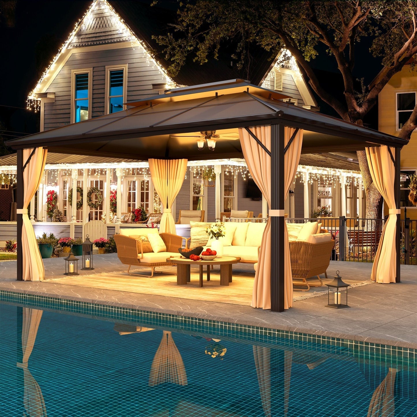 EROMMY Gazebo à toit rigide, Pergola d'extérieur avec double toit, moustiquaire et rideaux, auvent robuste pour patio, jardin, fête à la piscine