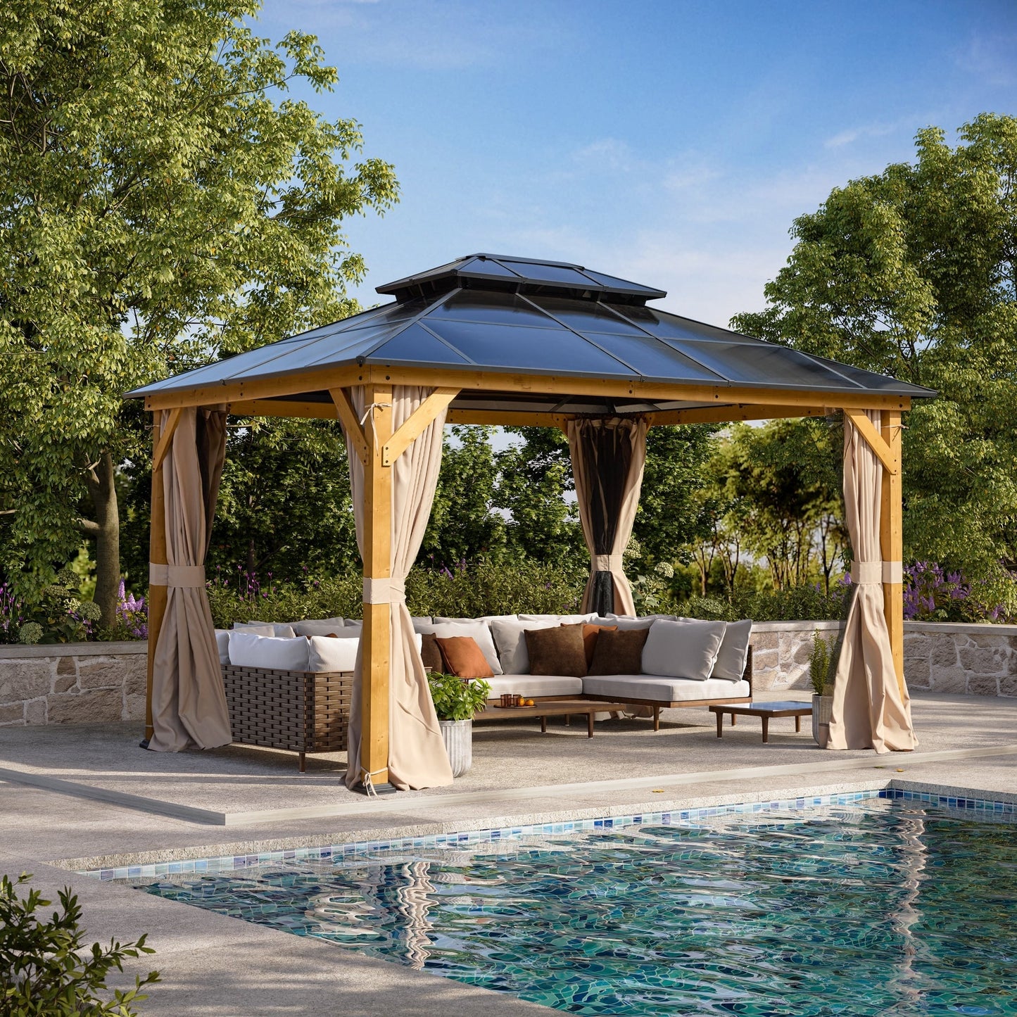 EROMMY Gazebo à toit rigide, Pergola d'extérieur avec double toit, moustiquaire et rideaux, auvent robuste pour patio, jardin, fête à la piscine