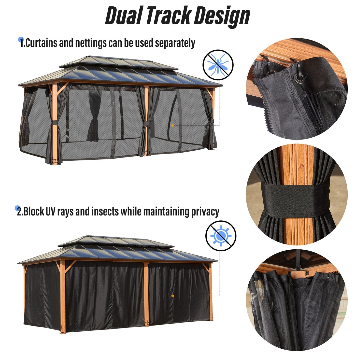 EROMMY Gazebo à toit rigide, Pergola d'extérieur avec double toit, moustiquaire et rideaux, auvent robuste pour patio, jardin, fête à la piscine