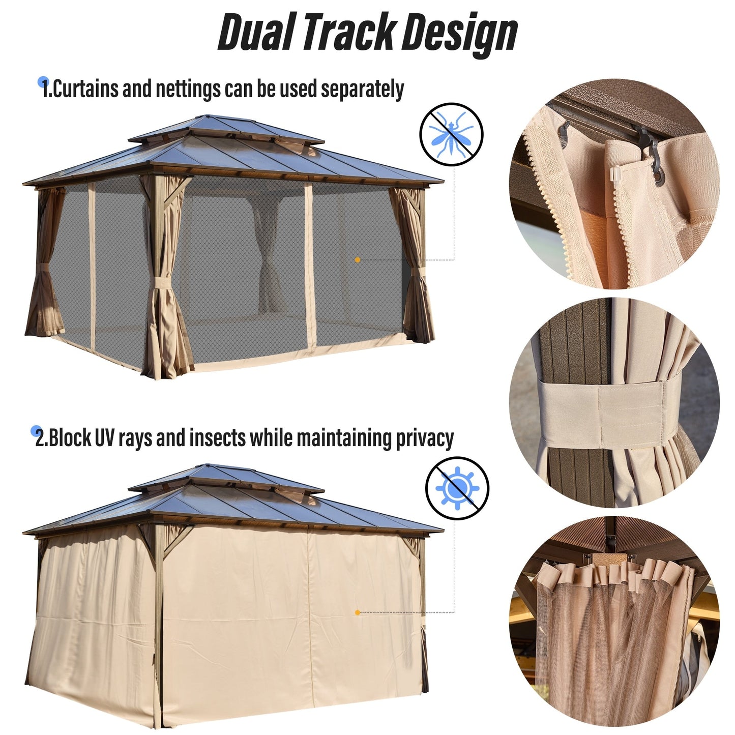 EROMMY Gazebo à toit rigide, Pergola d'extérieur avec double toit, moustiquaire et rideaux, auvent robuste pour patio, jardin, fête à la piscine