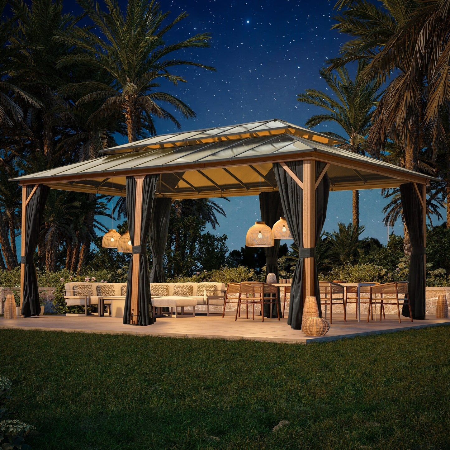 EROMMY Gazebo à toit rigide, Pergola d'extérieur avec double toit, moustiquaire et rideaux, auvent robuste pour patio, jardin, fête à la piscine