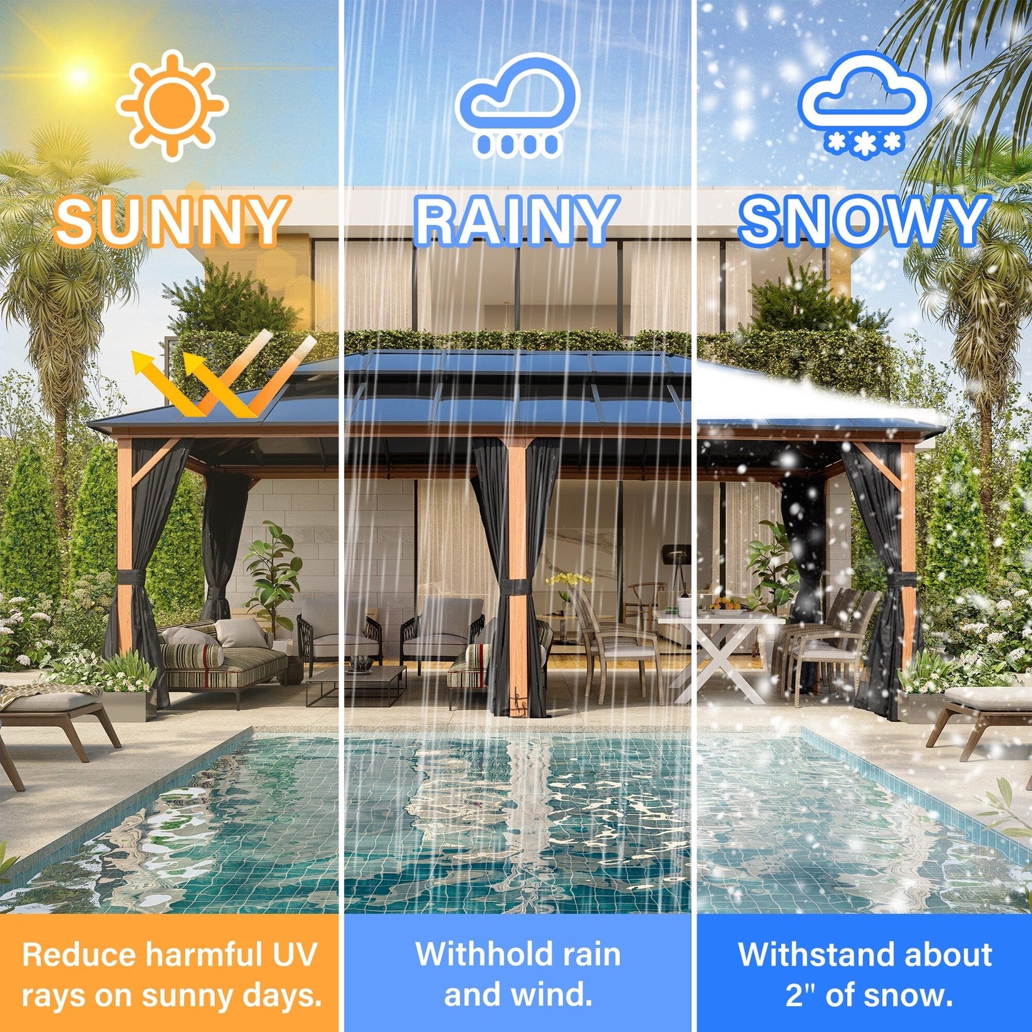 EROMMY Gazebo à toit rigide, Pergola d'extérieur avec double toit, moustiquaire et rideaux, auvent robuste pour patio, jardin, fête à la piscine