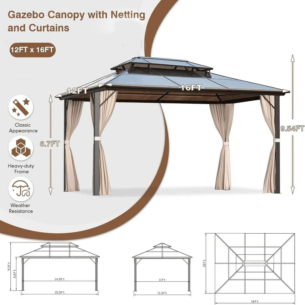 EROMMY Gazebo à toit rigide, Pergola d'extérieur avec double toit, moustiquaire et rideaux, auvent robuste pour patio, jardin, fête à la piscine