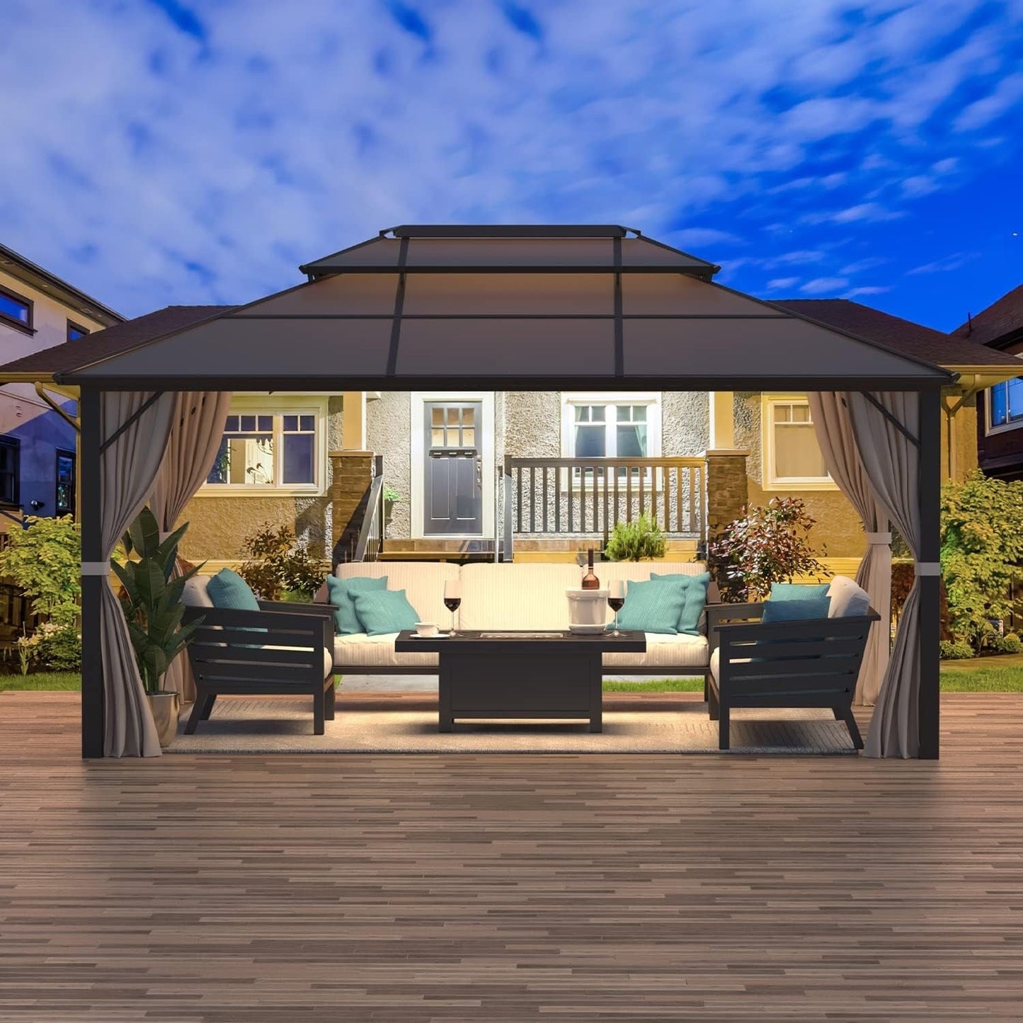 EROMMY Gazebo à toit rigide, Pergola d'extérieur avec double toit, moustiquaire et rideaux, auvent robuste pour patio, jardin, fête à la piscine