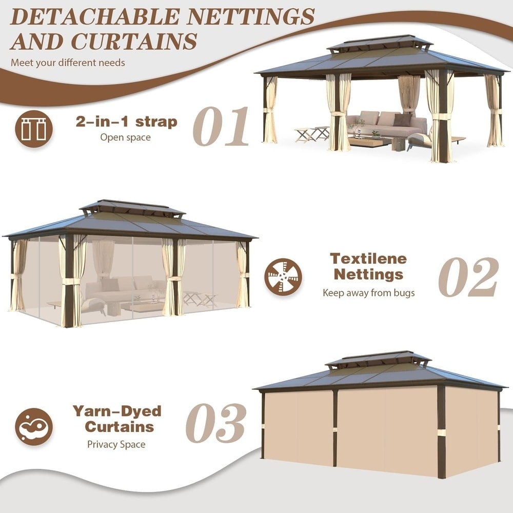 EROMMY Gazebo à toit rigide, Pergola d'extérieur avec double toit, moustiquaire et rideaux, auvent robuste pour patio, jardin, fête à la piscine