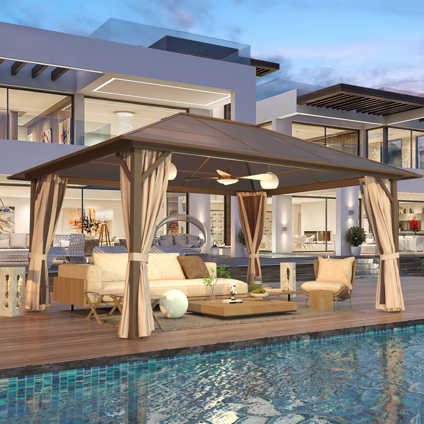 EROMMY Gazebo à toit rigide, Pergola d'extérieur avec double toit, moustiquaire et rideaux, auvent robuste pour patio, jardin, fête à la piscine