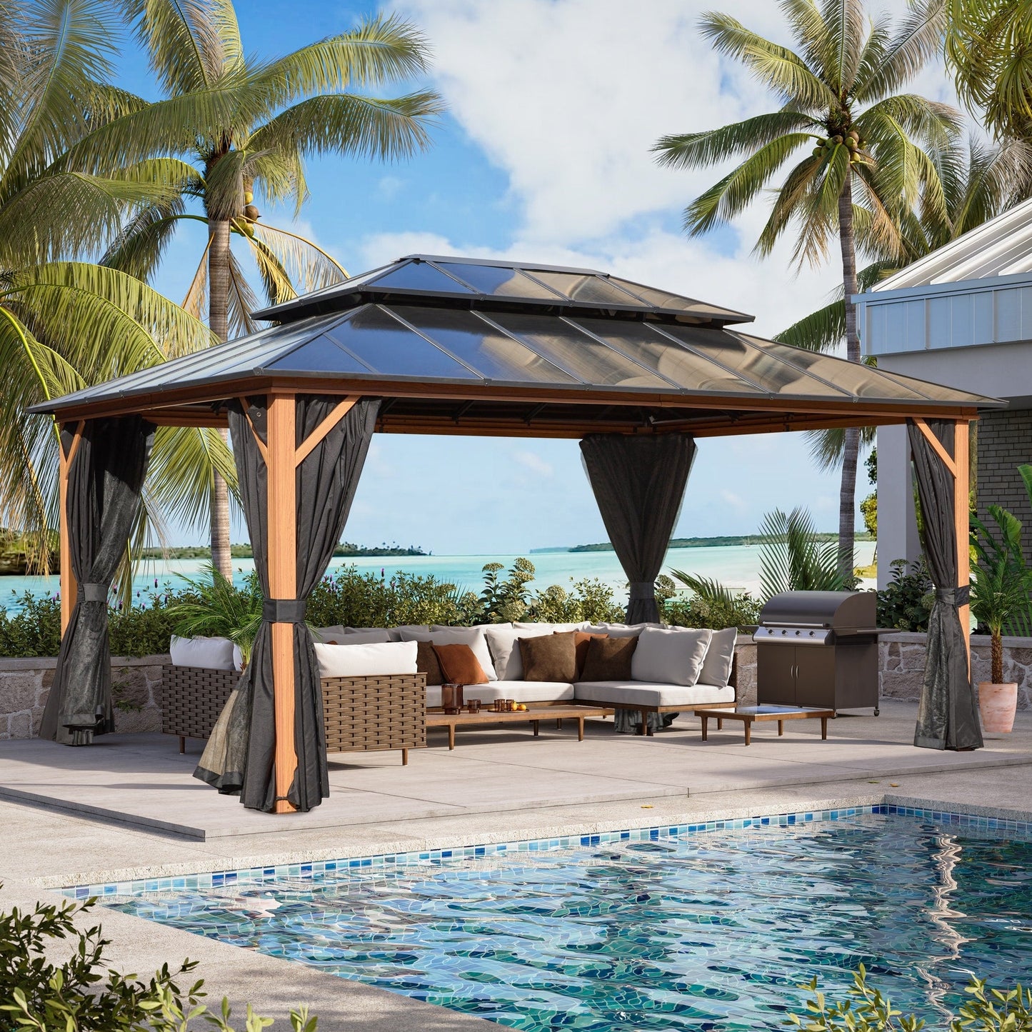 EROMMY Gazebo à toit rigide, Pergola d'extérieur avec double toit, moustiquaire et rideaux, auvent robuste pour patio, jardin, fête à la piscine