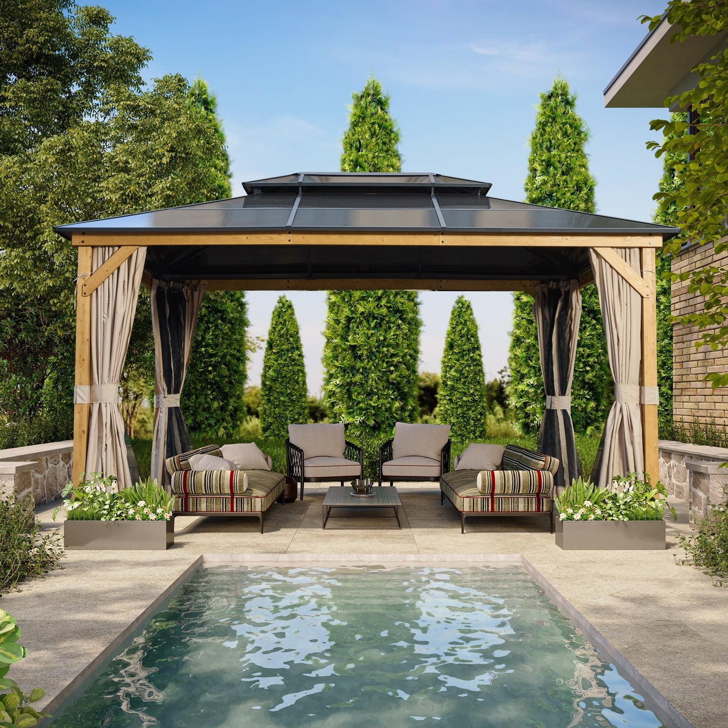 EROMMY Gazebo à toit rigide, Pergola d'extérieur avec double toit, moustiquaire et rideaux, auvent robuste pour patio, jardin, fête à la piscine