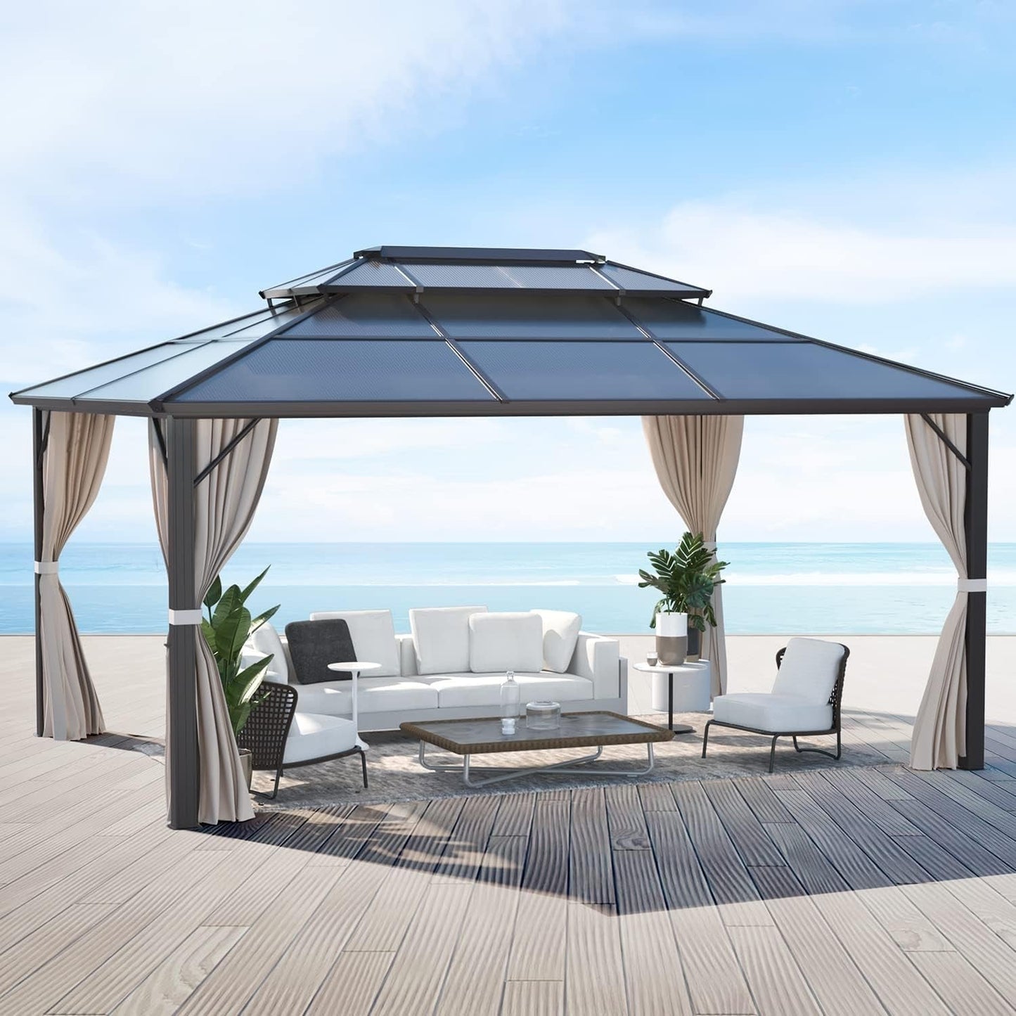 EROMMY Gazebo à toit rigide, Pergola d'extérieur avec double toit, moustiquaire et rideaux, auvent robuste pour patio, jardin, fête à la piscine
