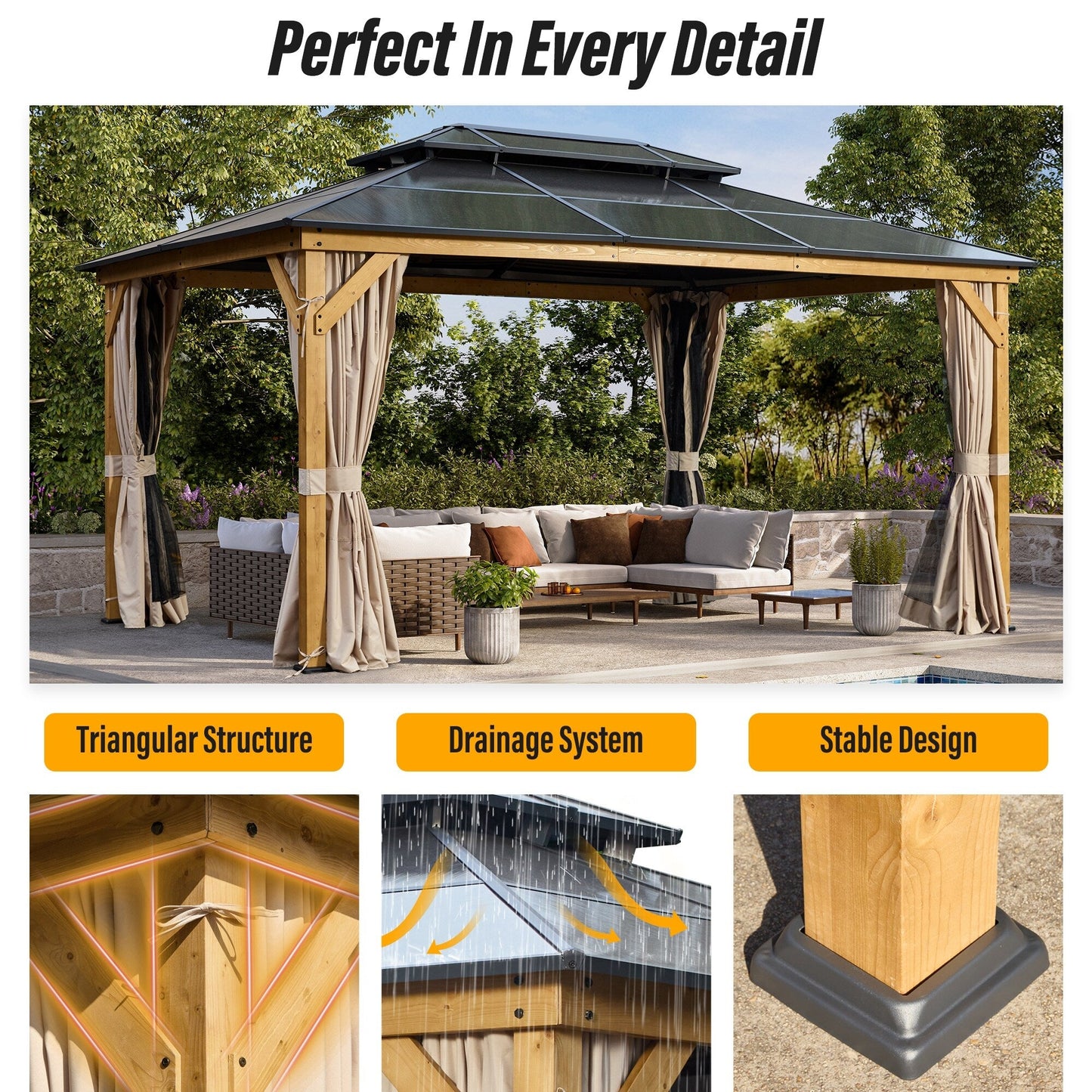EROMMY Gazebo à toit rigide, Pergola d'extérieur avec double toit, moustiquaire et rideaux, auvent robuste pour patio, jardin, fête à la piscine