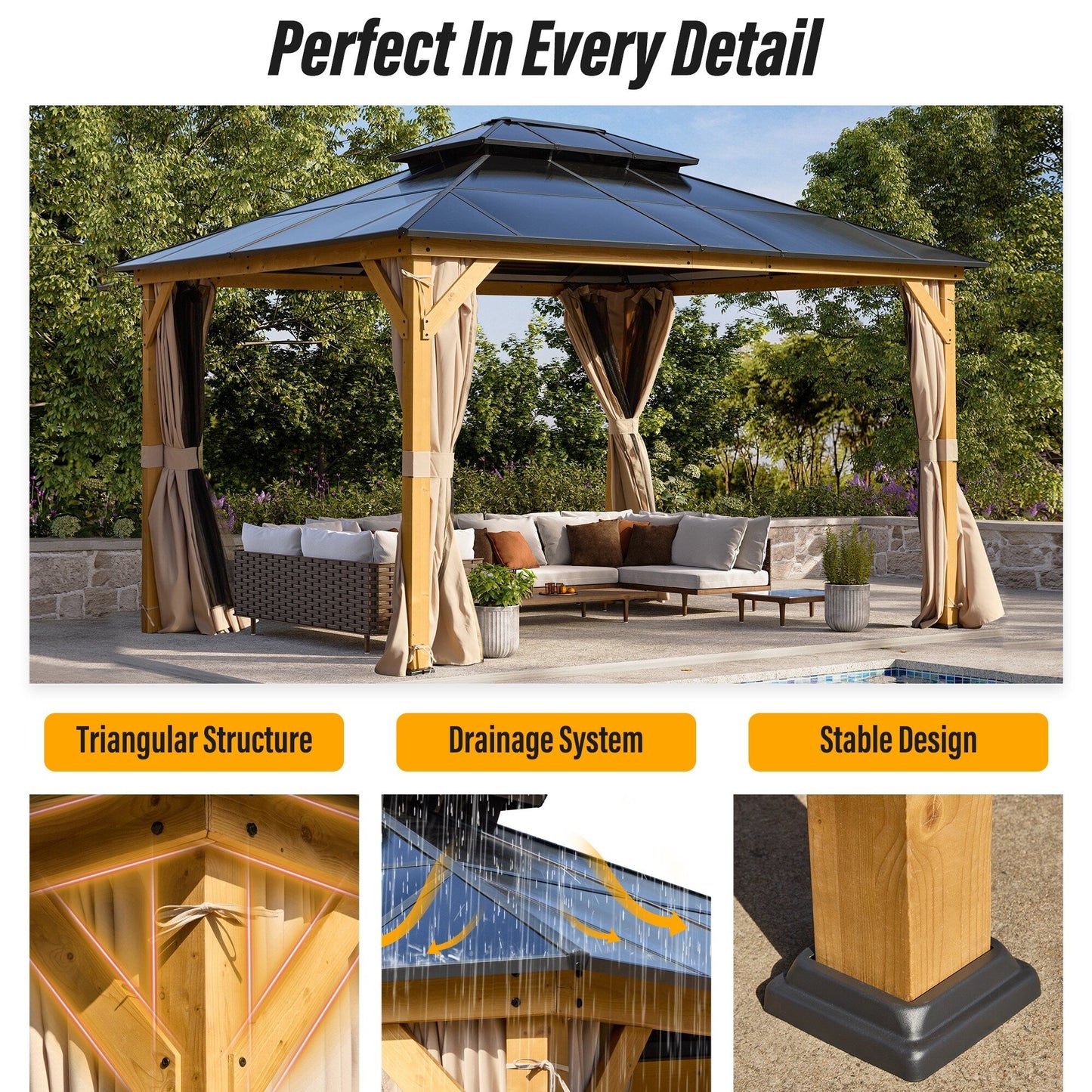 EROMMY Gazebo à toit rigide, Pergola d'extérieur avec double toit, moustiquaire et rideaux, auvent robuste pour patio, jardin, fête à la piscine