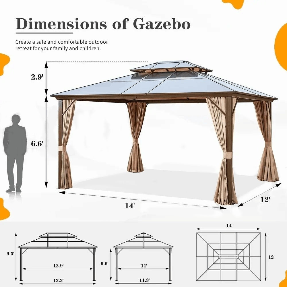EROMMY Gazebo à toit rigide, Pergola d'extérieur avec double toit, moustiquaire et rideaux, auvent robuste pour patio, jardin, fête à la piscine