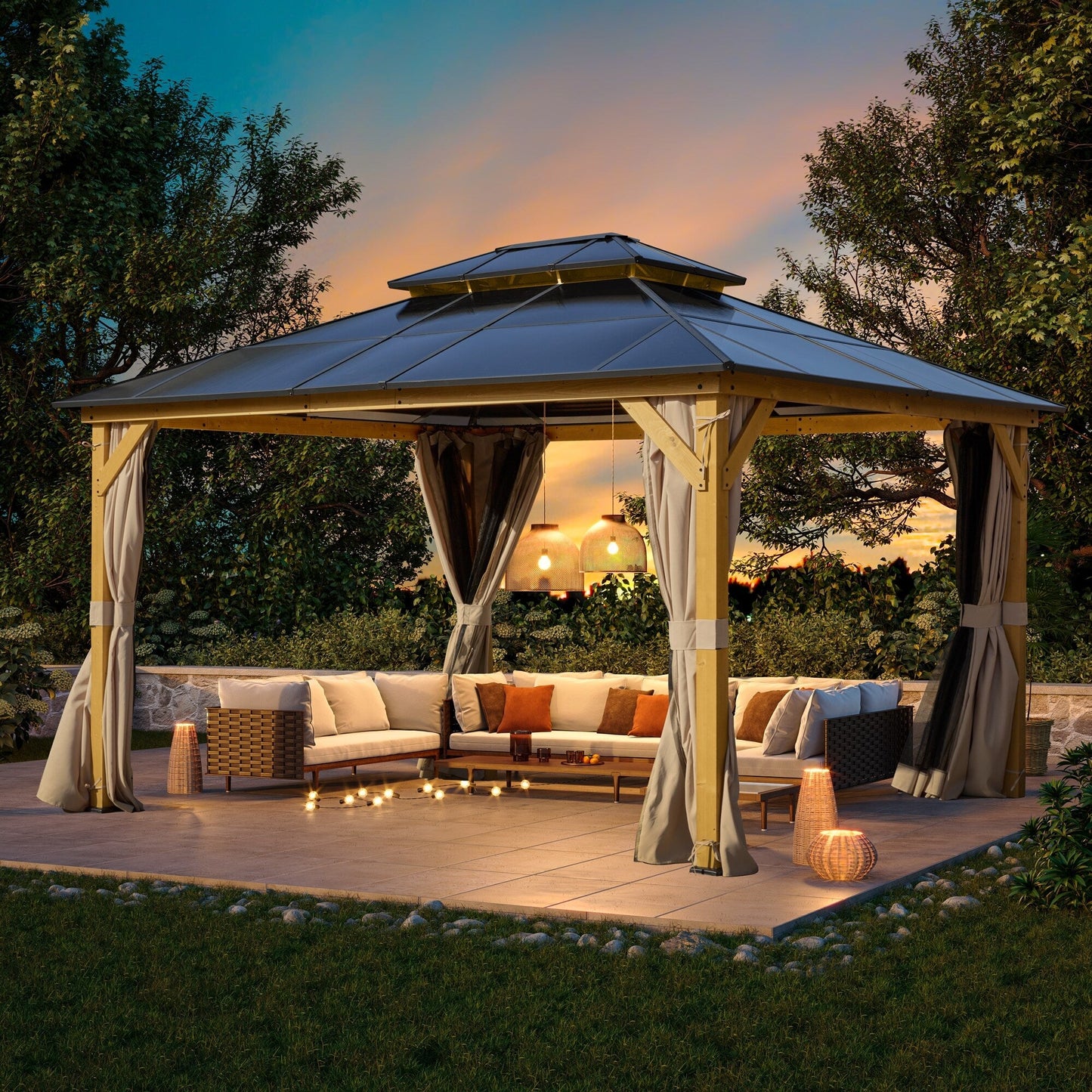 EROMMY Gazebo à toit rigide, Pergola d'extérieur avec double toit, moustiquaire et rideaux, auvent robuste pour patio, jardin, fête à la piscine
