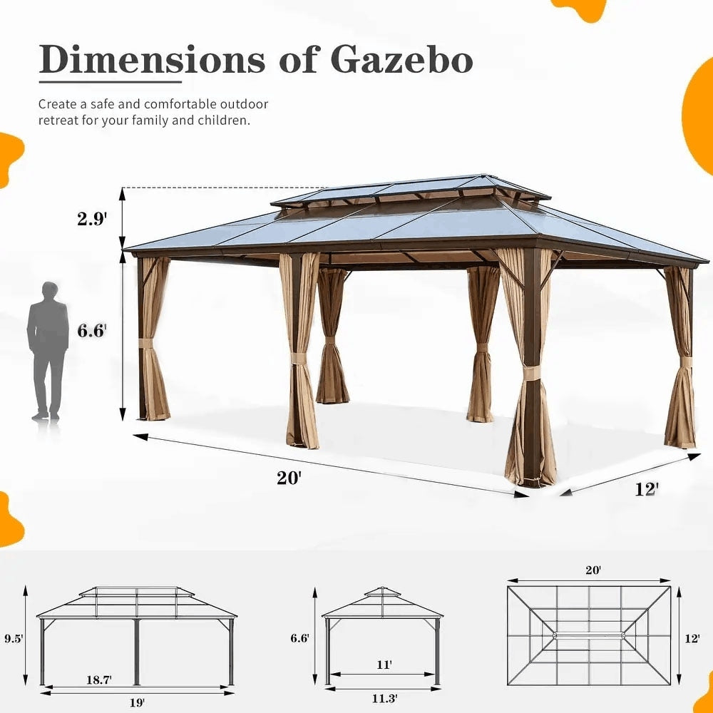 EROMMY Gazebo à toit rigide, Pergola d'extérieur avec double toit, moustiquaire et rideaux, auvent robuste pour patio, jardin, fête à la piscine