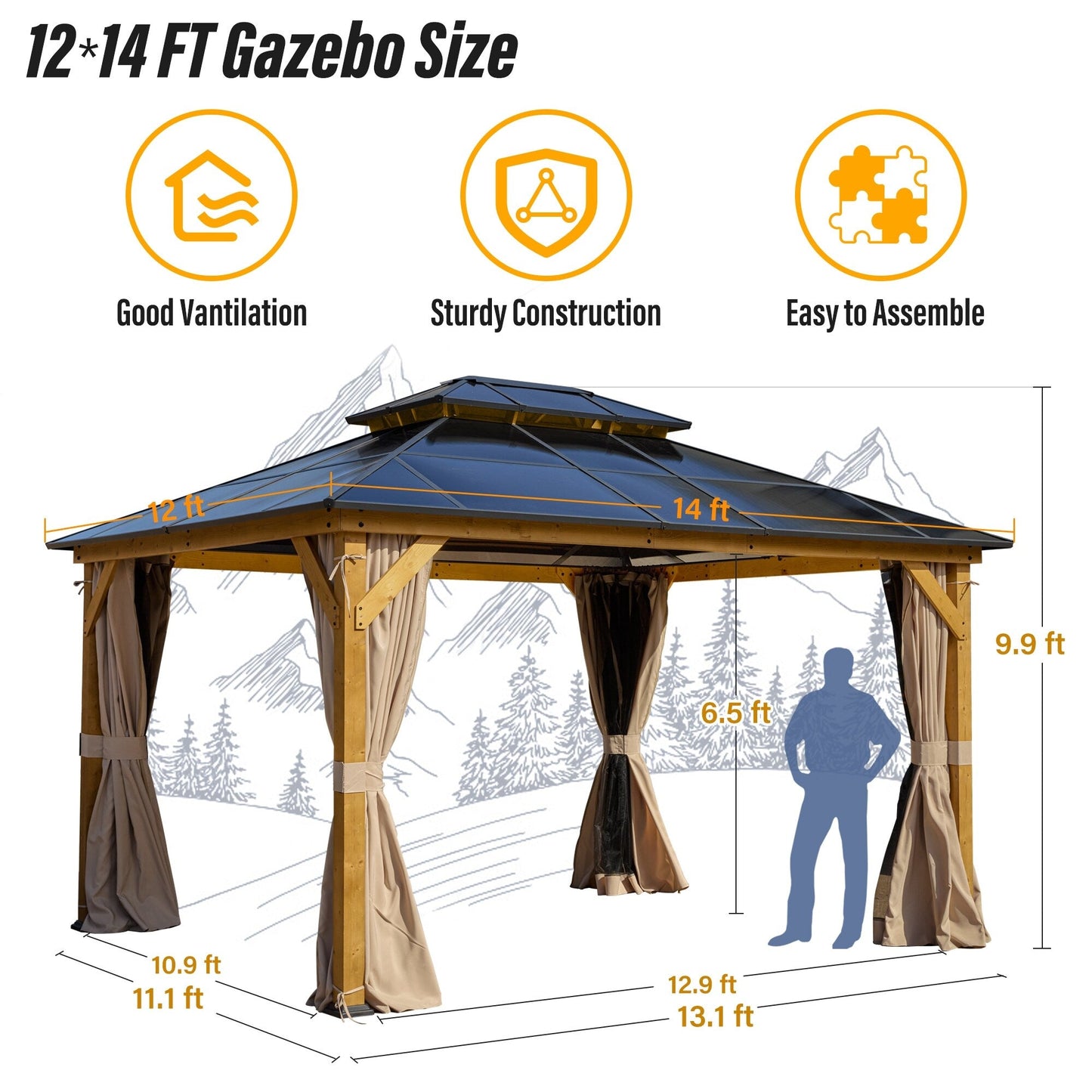 EROMMY Gazebo à toit rigide, Pergola d'extérieur avec double toit, moustiquaire et rideaux, auvent robuste pour patio, jardin, fête à la piscine